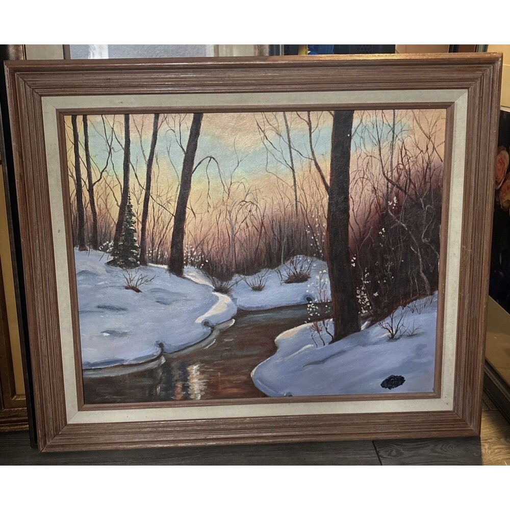 Vintage Winter Snow Landscape oil Painting  On Canvas  Wooden Framed 20x25